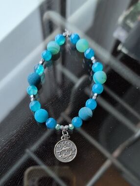 Blue Agate, Hematite Pisces Beaded Bracelet